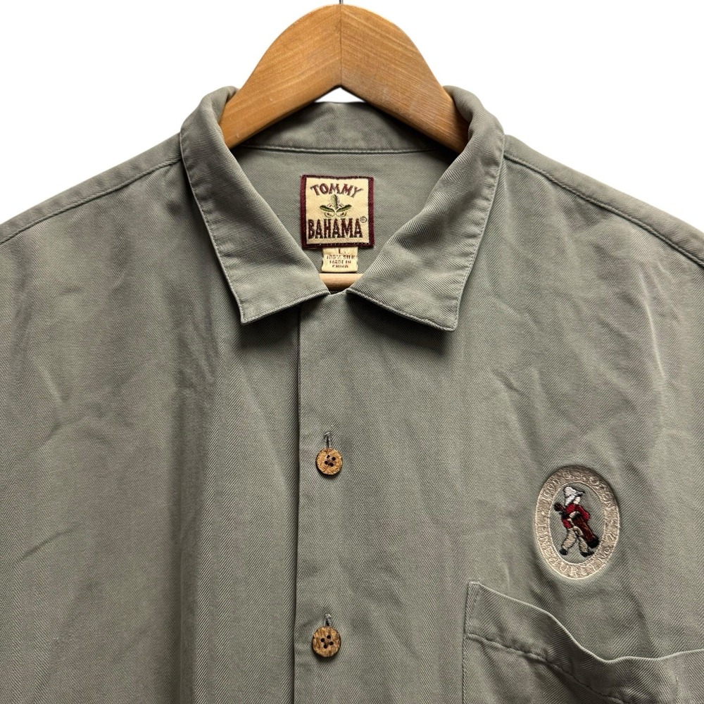 Tommy Bahama Mens Size Large Green Silk 1999 U.S. Open Pinehurst Golf Camp Shirt